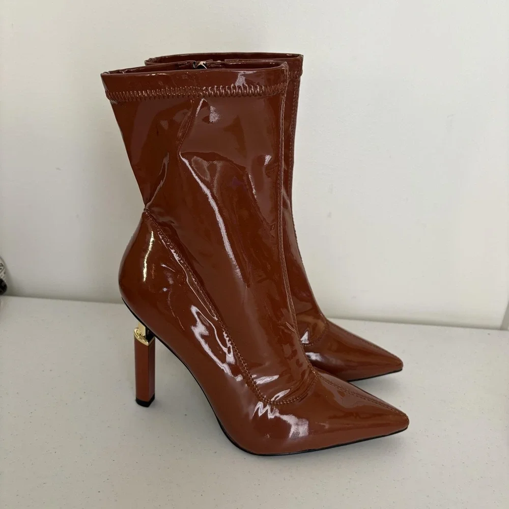 Azalea Wang Boots Womens Size 9 Brown Patent Pointed Toe Stiletto Zip Ankle Gold